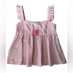 Simply Southern Tank Top Womens L Pink White Stripe Seersucker Ruffle Shoulder